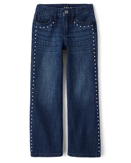 Girls Studded Wide Leg Jeans