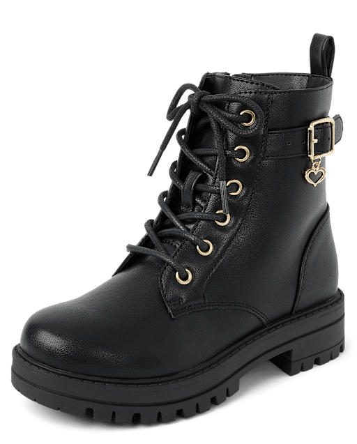 Girls Heart Charm Combat Boots