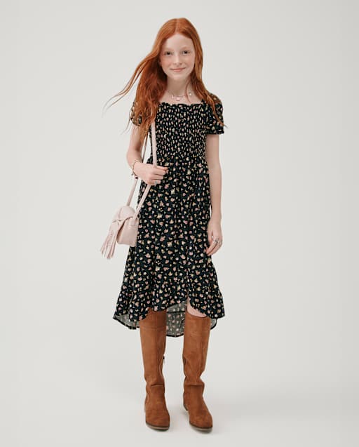 Girls Floral Smocked Midi High Low Dress