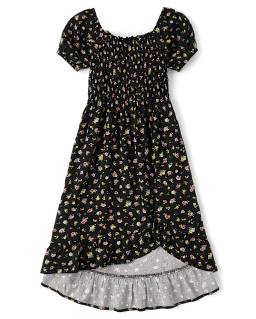 Girls Floral Smocked Midi High Low Dress