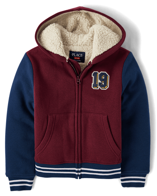 Kids Varsity Patch Premium Fleece Sherpa Lined Zip Up Hoodie