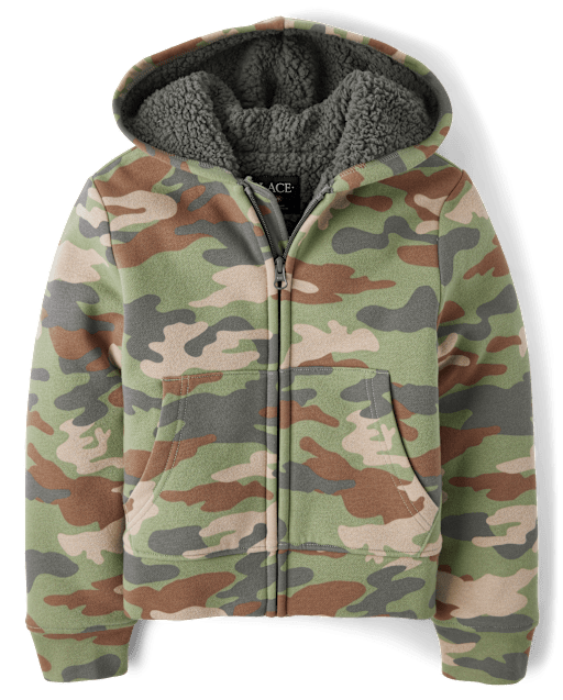 Kids Camo Premium Fleece Sherpa Lined Zip Up Hoodie