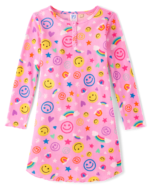 Girls Happy Face Thermal Henley Nightgown