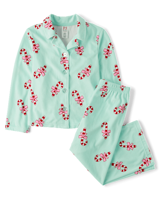 Pyjama boutonné en velours à motif canne de bonbon pour filles