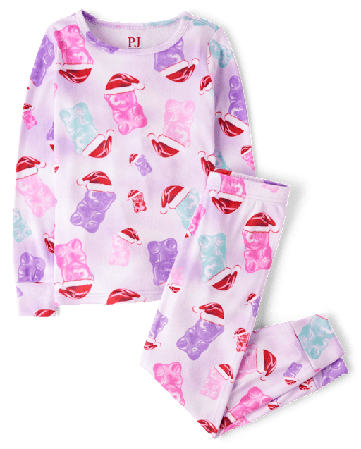 Girls Candy Bear Santa Hat Snug Fit Velour Pajamas