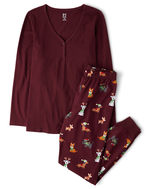 Womens Matching Family Holiday Dog Cotton Henley Pajamas