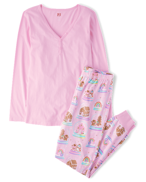 Womens Mommy And Me Gingerbread Snow Globe Cotton Henley Pajamas