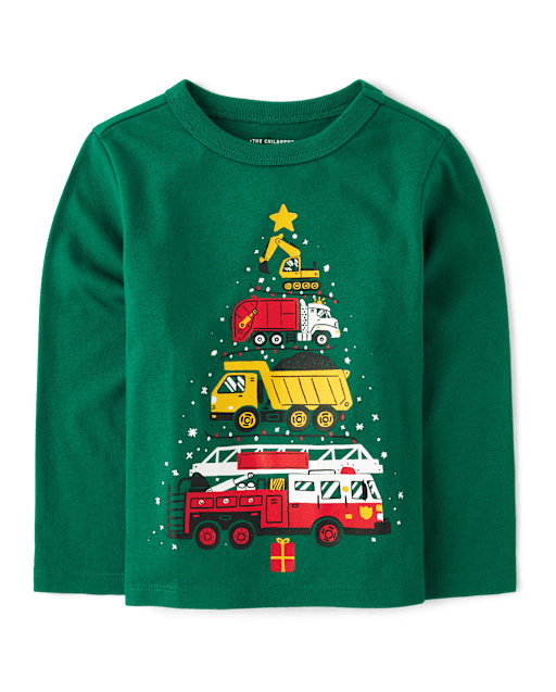 T-shirt graphique pour bébés et tout-petits garçons, motif véhicules et sapin de Noël