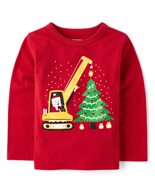 T-shirt graphique de Noël pour bébé et tout-petit garçon, motif Père Noël et véhicule de construction