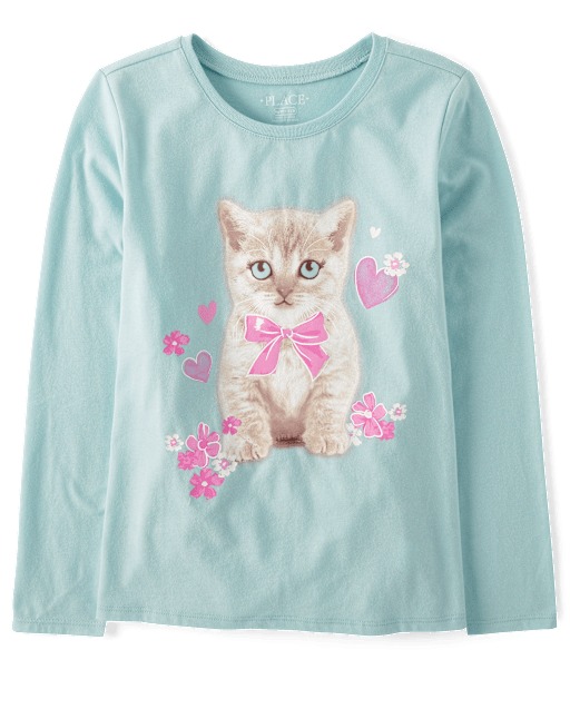 Girls Bow Cat Graphic Tee