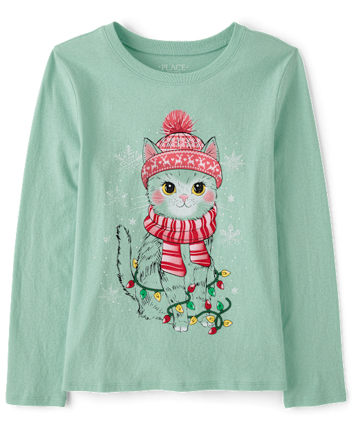 Girls Christmas Snow Cat Graphic Tee