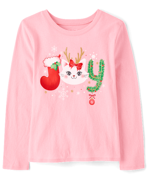 Girls Christmas Joy Cat Graphic Tee