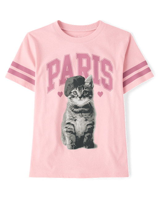 Girls Paris Cat Oversized Graphic Tee