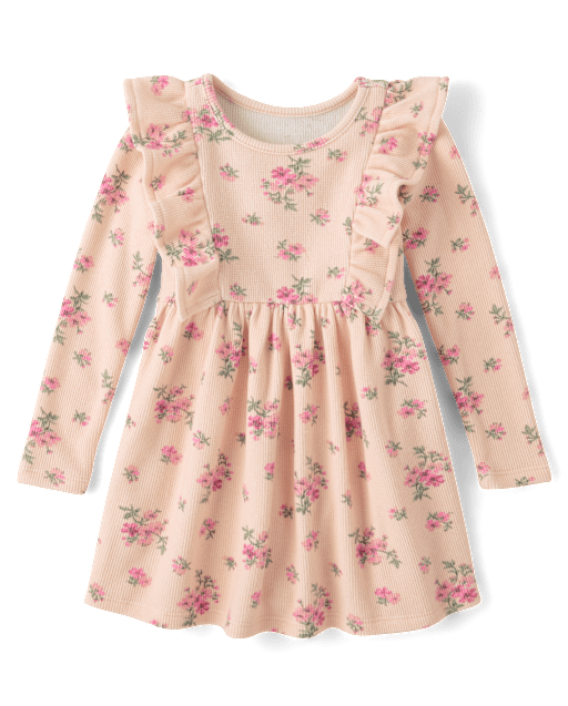 Baby And Toddler Girls Floral Plush Winter Waffle Thermal Babydoll Dress