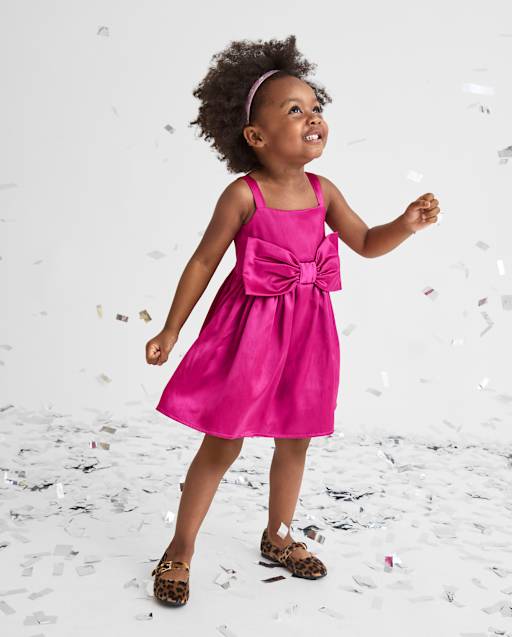 Baby And Toddler Girls Oversized Bow Satin Fit And Flare Dress