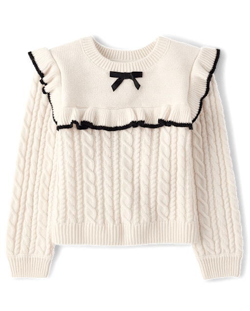 Toddler Girls Bow Ruffle Cable Knit Sweater