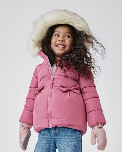 Toddler Girls Bow Faux Fur Lined Bubble Puffer Jacket