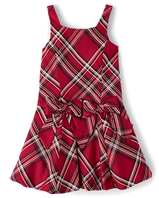 Girls Matching Family Plaid Bow Satin Bubble Dress