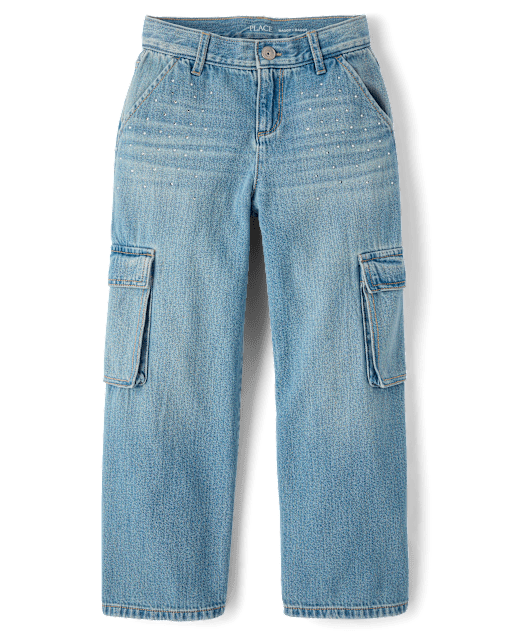 Girls Rhinestone Baggy Cargo Jeans