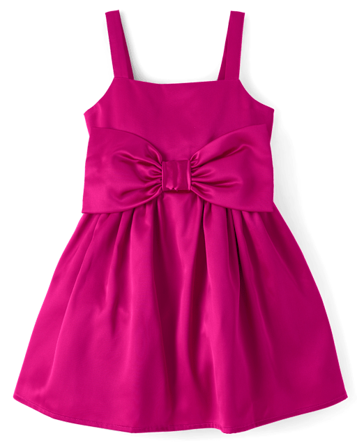 Girls Oversized Bow Satin Fit And Flare Dress