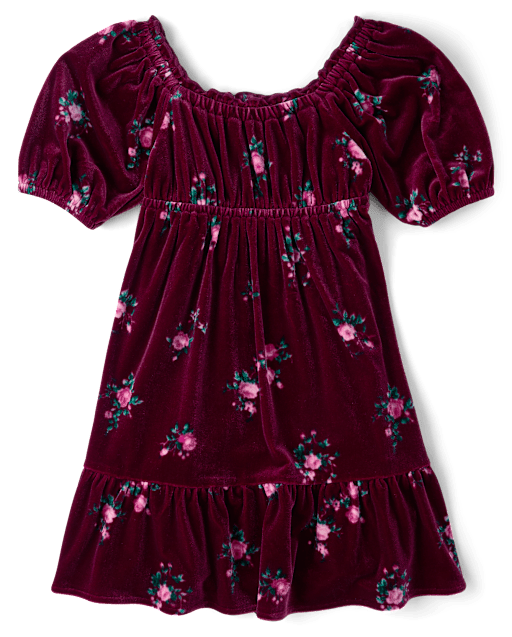 Girls Floral Velour Babydoll Dress