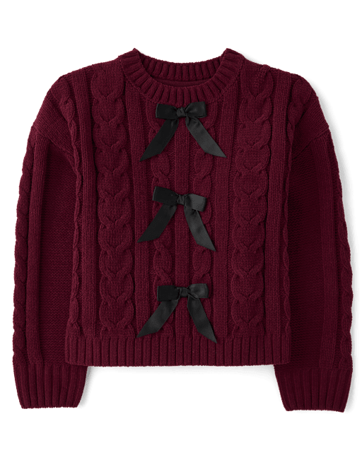 Girls Bow Cable Knit Chenille Sweater