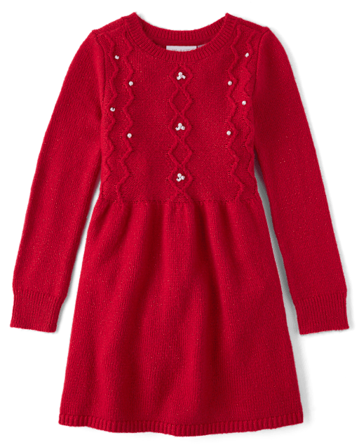 Girls Faux Pearl Cable Knit Sweater Dress