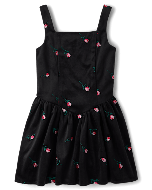 Girls Embroidered Floral Velour V-Waist Dress