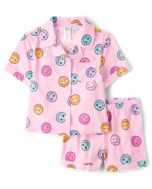Girls Rainbow Happy Face Button Front Pajamas