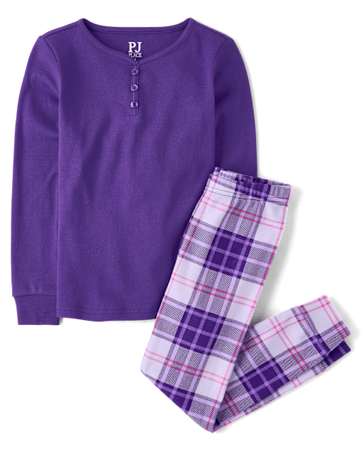 Girls Plaid Snug Fit Cotton Henley Pajamas