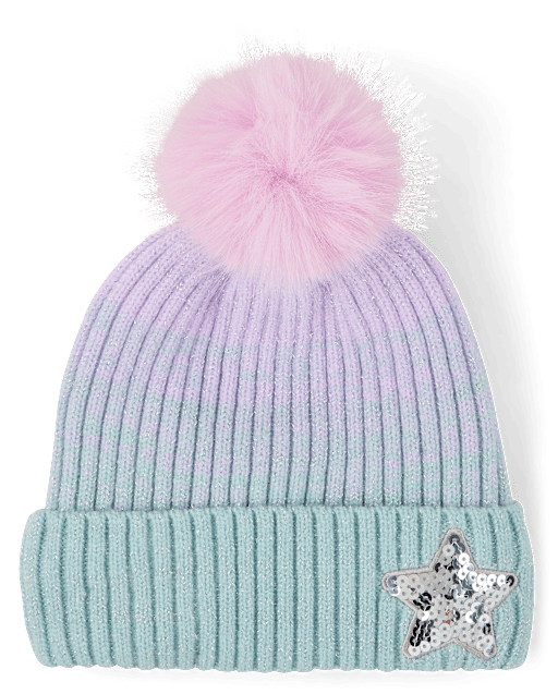 Girls Ombre Sequin Star Pom Pom Beanie