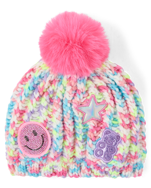 Girls Rainbow Embroidered Icon Pom Pom Beanie