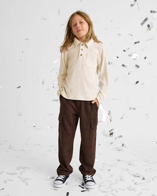 Boys Plaid Luxe Cozy Knit Baggy Cargo Pants
