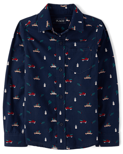 Boys Print Poplin Button Up Shirt