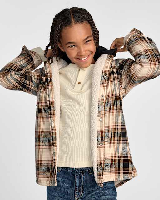 Big Boys Plaid Flannel Sherpa-Lined Hooded Jacket
