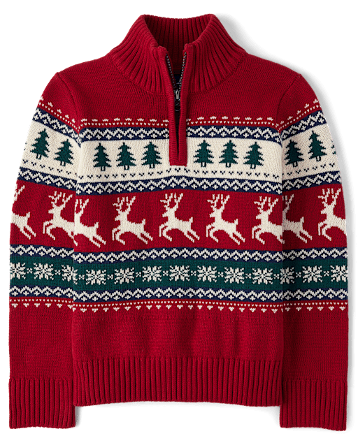 Boys Reindeer Fairisle Quarter Zip Sweater