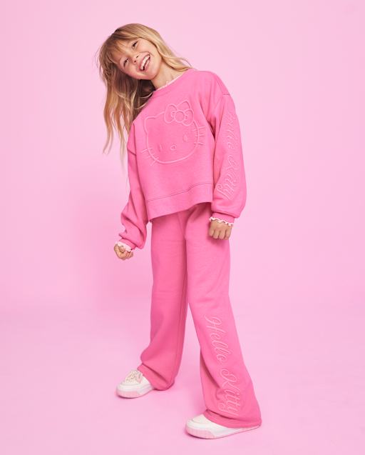 Girls Hello KittyÂ® Embroidered Premium Fleece Wide Leg Lounge Pants