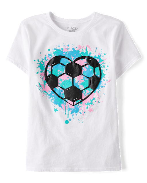 Girls Soccer Ball Heart Puff Print Graphic Tee