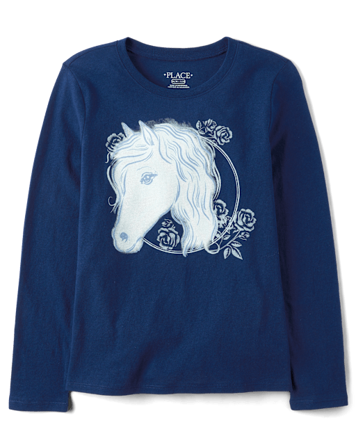 Girls Horse Flowers Graphic Tee