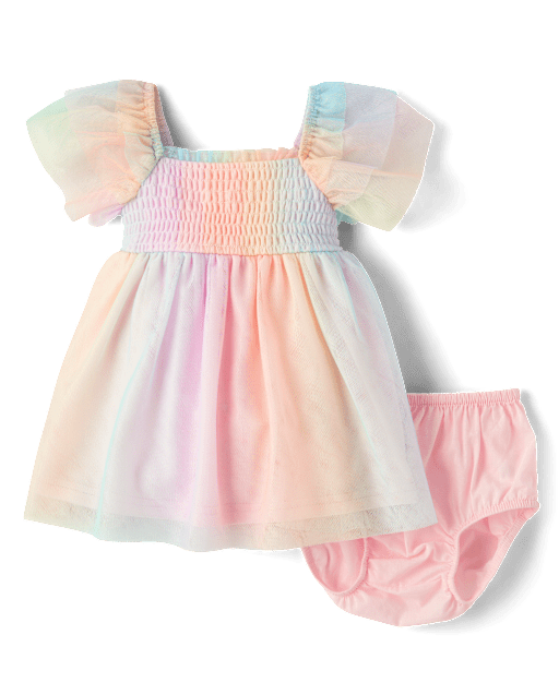 Robe à volants en tulle smocké arc-en-ciel pour bébé fille