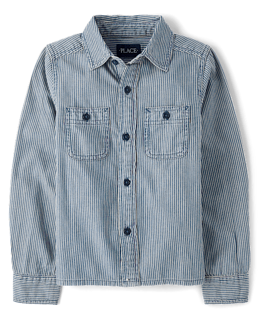 Boys Railroad Stripe Denim Button Up Shirt