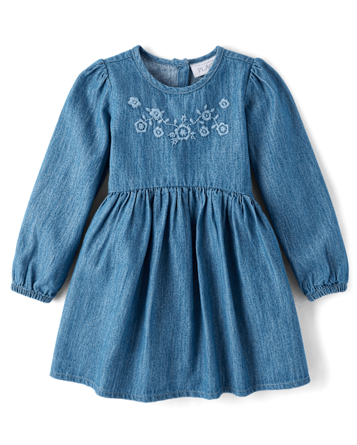Baby And Toddler Girls Embroidered Floral Chambray Fit And Flare Dress