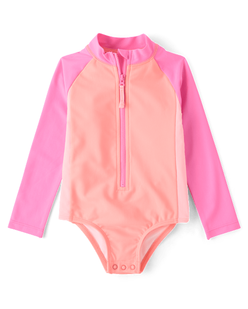 Baby And Toddler Girls Colorblock Half Zip Rashguard One Piece Swimsuit