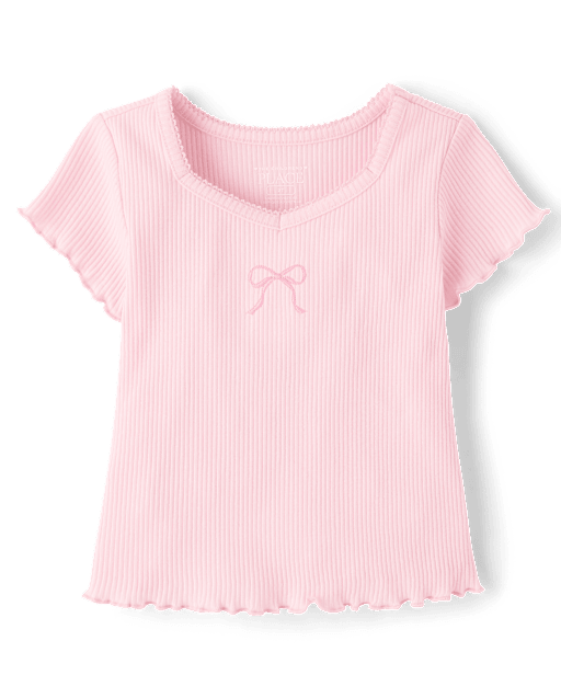 Girls Embroidered Bow Ribbed Lettuce Tee