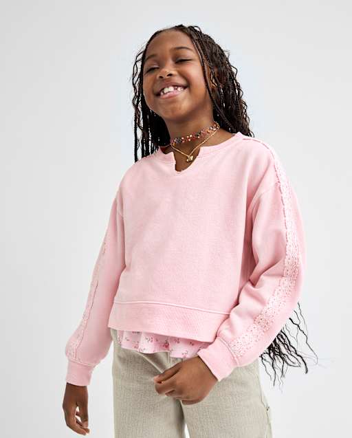 Girls Garment Dyed Crochet Lace Premium Fleece Sweatshirt