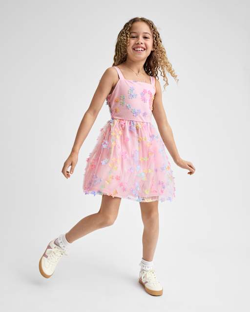 Girls Rainbow 3D Floral Mesh Fit And Flare Dress