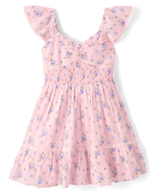 Girls Floral Pleated Smocked Dress