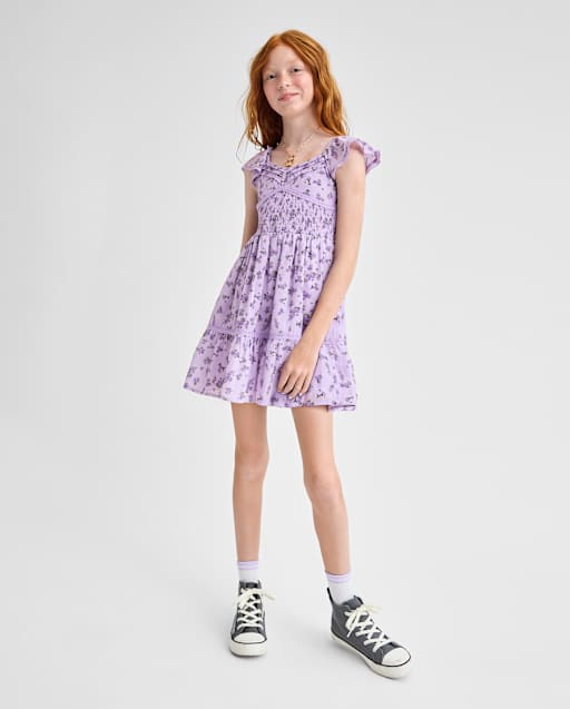 Girls Floral Pleated Smocked Dress