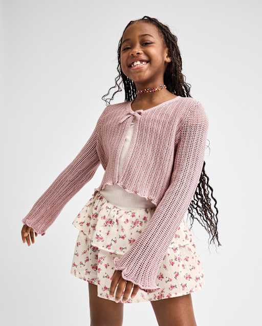 Girls Lettuce Pointelle Cardigan