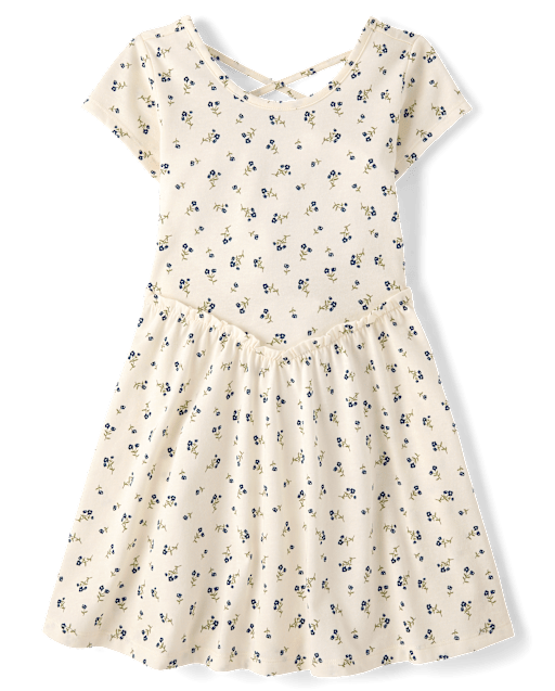 Girls Floral Cross Back Ruffle V-Waist Dress